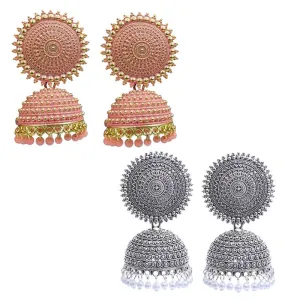 Combo of 2 Silver and Peach Pearls Dome Shape Jhumki