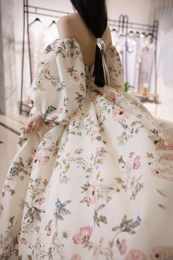 Stylish Printed Pattern Long Prom Dress, White Long Sleeve Evening Party Dress APP0787