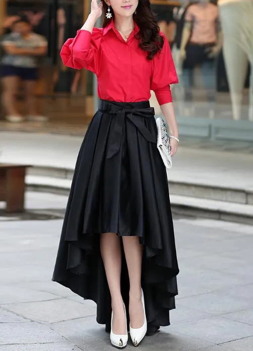 Women High Low Skirt with Belt, Burgundy Skirt, Women Skirts